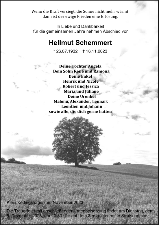 Traueranzeige von Hellmut Schemmert von Ostsee-Zeitung GmbH