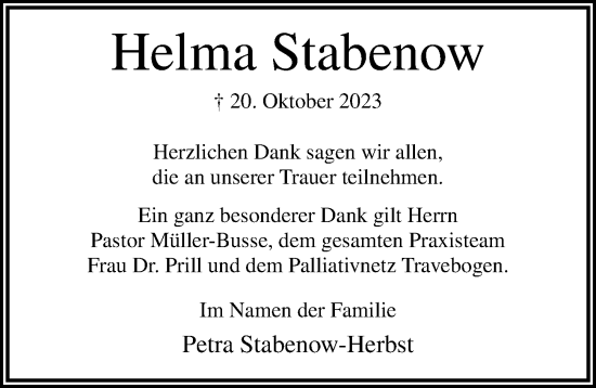 Traueranzeige von Helma Stabenow von Lübecker Nachrichten