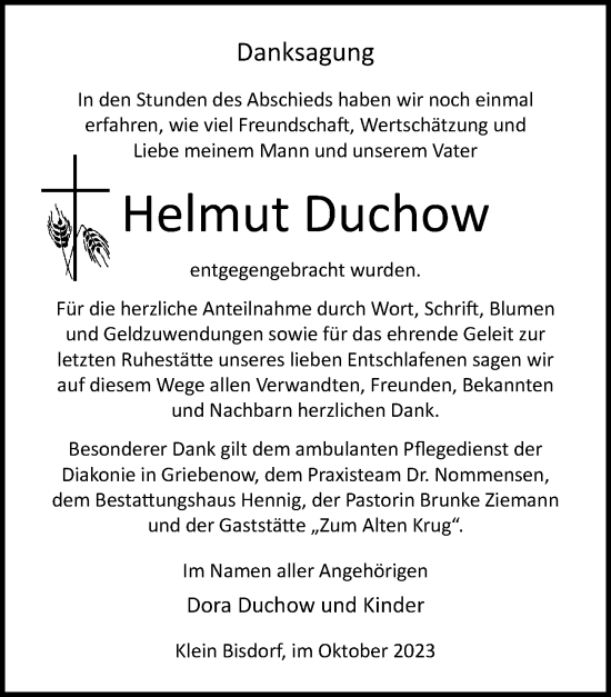 Traueranzeige von Helmut Duchow von Ostsee-Zeitung GmbH