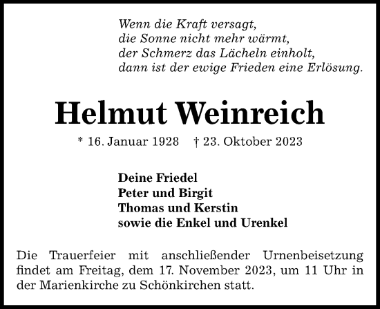 Traueranzeige von Helmut Weinreich von Kieler Nachrichten