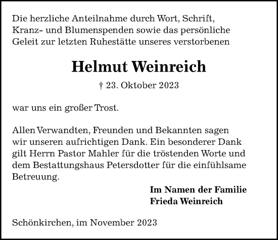Traueranzeige von Helmut Weinreich von Kieler Nachrichten