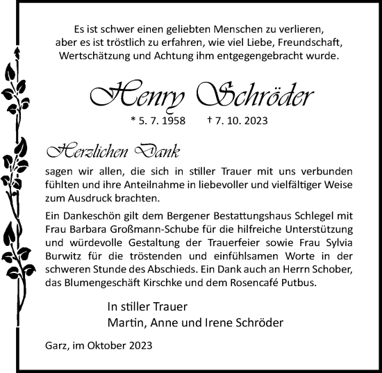 Traueranzeige von Henry Schröder von Ostsee-Zeitung GmbH