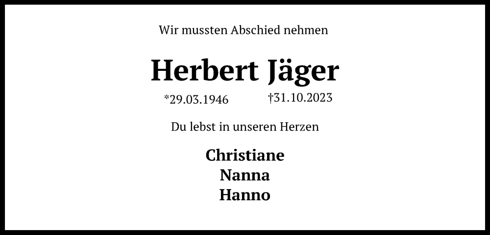  Traueranzeige für Herbert Jäger vom 12.11.2023 aus Lübecker Nachrichten