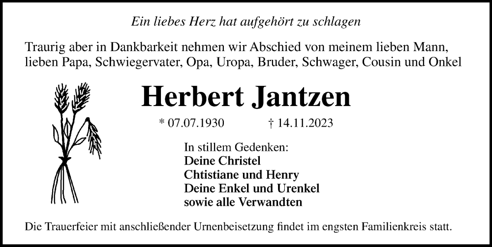 Traueranzeige für Herbert Jantzen vom 18.11.2023 aus Ostsee-Zeitung GmbH