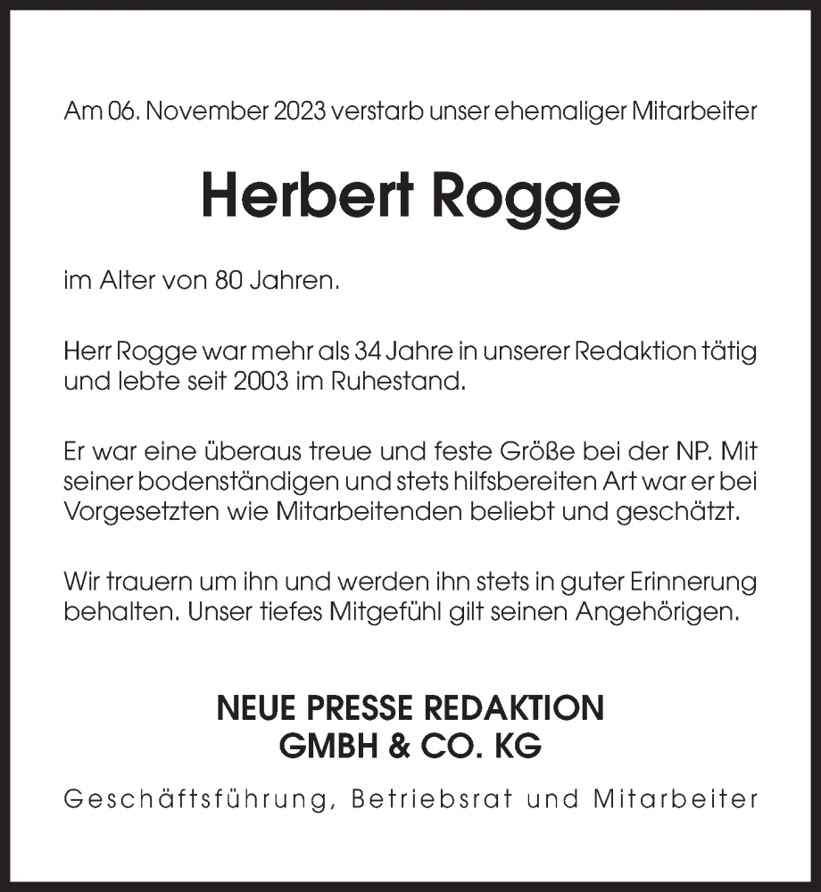  Traueranzeige für Herbert Rogge vom 18.11.2023 aus Hannoversche Allgemeine Zeitung/Neue Presse