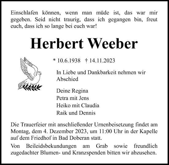 Traueranzeige von Herbert Weeber von Ostsee-Zeitung GmbH