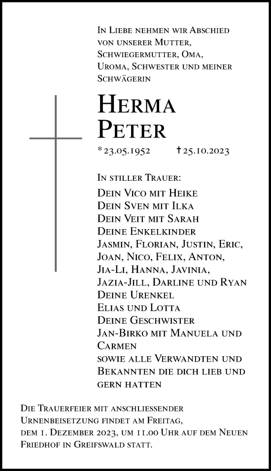 Traueranzeige von Herma Peter von Ostsee-Zeitung GmbH