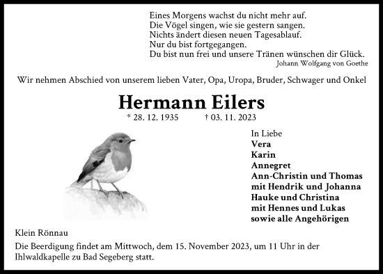 Traueranzeige von Hermann Eilers von Kieler Nachrichten