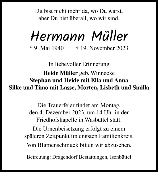 Traueranzeige von Hermann Müller von Aller Zeitung