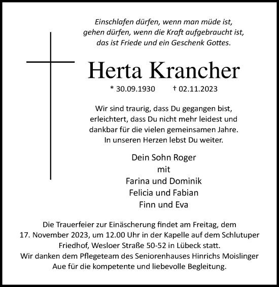 Traueranzeige von Herta Krancher von Lübecker Nachrichten