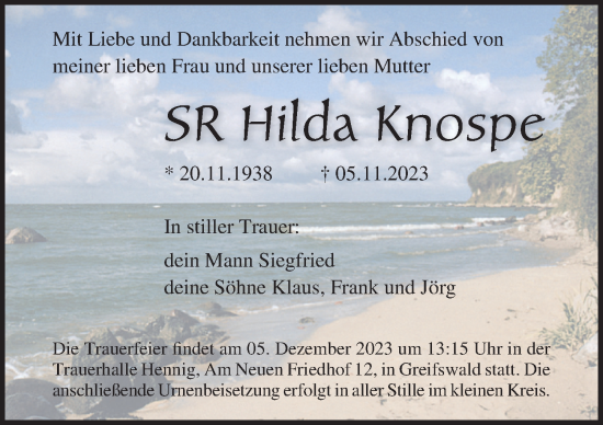 Traueranzeige von Hilda Knospe von Ostsee-Zeitung GmbH