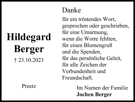 Traueranzeige von Hildegard Berger von Kieler Nachrichten