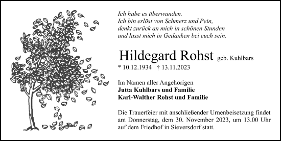 Traueranzeige von Hildegard Rohst von Märkischen Allgemeine Zeitung