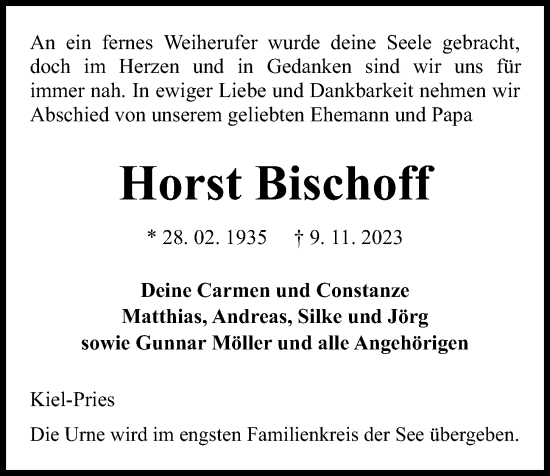 Traueranzeige von Horst Bischoff von Kieler Nachrichten