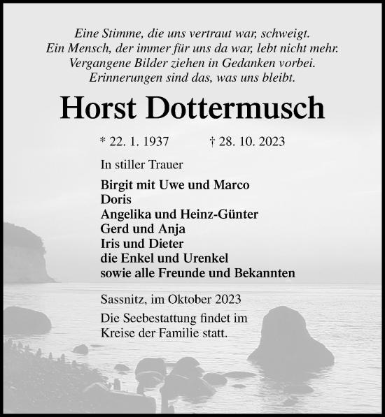 Traueranzeige von Horst Dottermusch von Ostsee-Zeitung GmbH