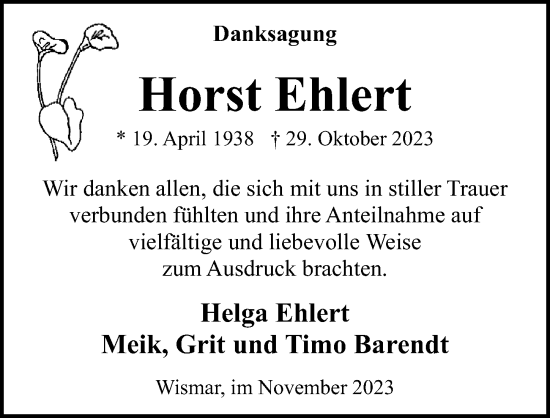 Traueranzeige von Horst Ehlert von Ostsee-Zeitung GmbH