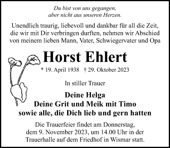 Traueranzeige von Horst Ehlert von Ostsee-Zeitung GmbH