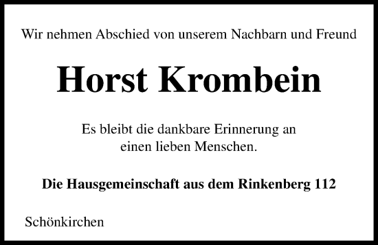 Traueranzeige von Horst Krombein von Kieler Nachrichten