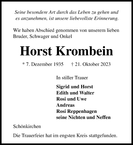 Traueranzeige von Horst Krombein von Kieler Nachrichten