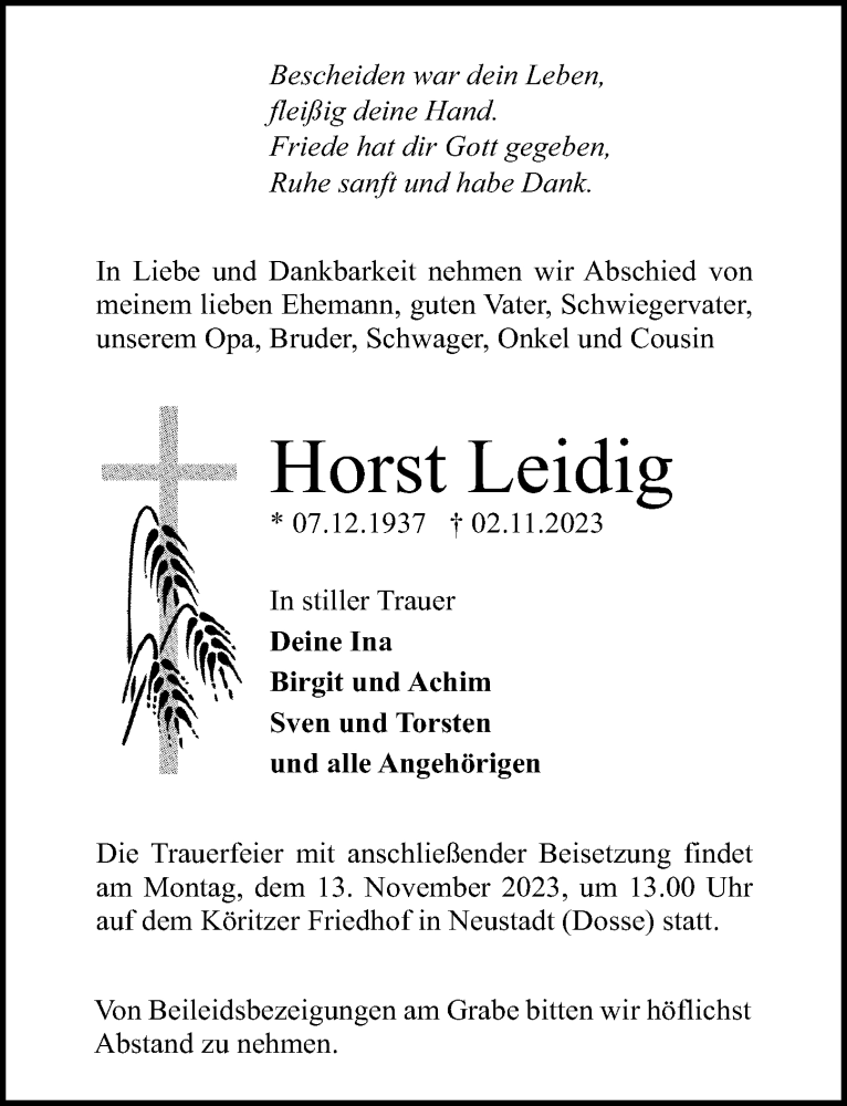  Traueranzeige für Horst Leidig vom 11.11.2023 aus Märkischen Allgemeine Zeitung