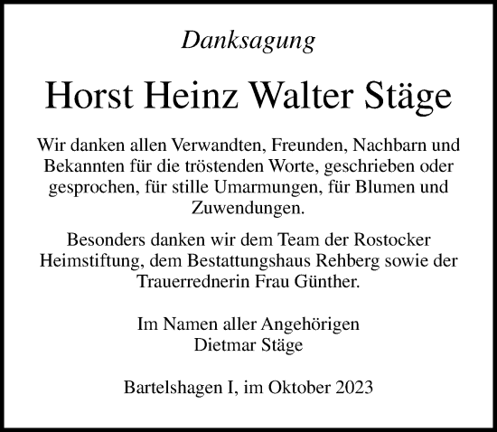 Traueranzeige von Horst Heinz Walter Stäge von Ostsee-Zeitung GmbH