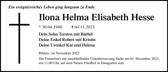 Traueranzeige von Ilona Helma Hesse von Ostsee-Zeitung GmbH