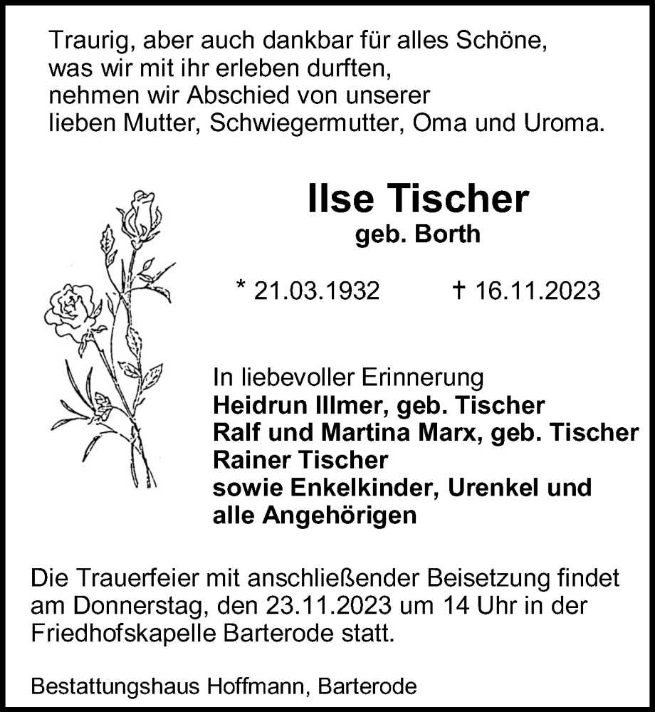  Traueranzeige für Ilse Tischer vom 18.11.2023 aus Göttinger Tageblatt