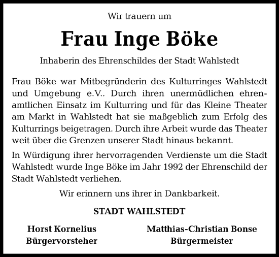 Traueranzeige von Inge Böke von Kieler Nachrichten