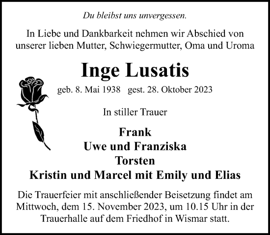 Traueranzeige von Inge Lusatis von Ostsee-Zeitung GmbH