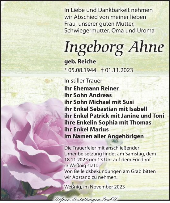 Traueranzeige von Ingeborg Ahne von Torgauer Zeitung