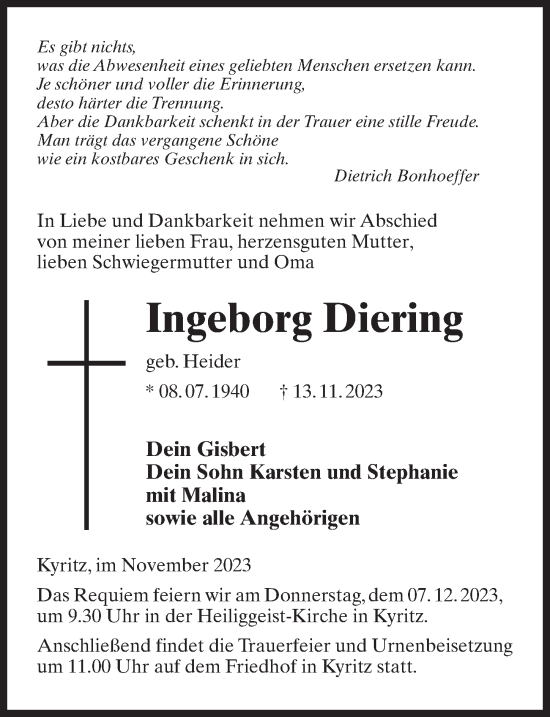 Traueranzeige von Ingeborg Diering von Märkischen Allgemeine Zeitung