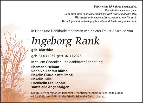 Traueranzeige von Ingeborg Rank von Leipziger Volkszeitung