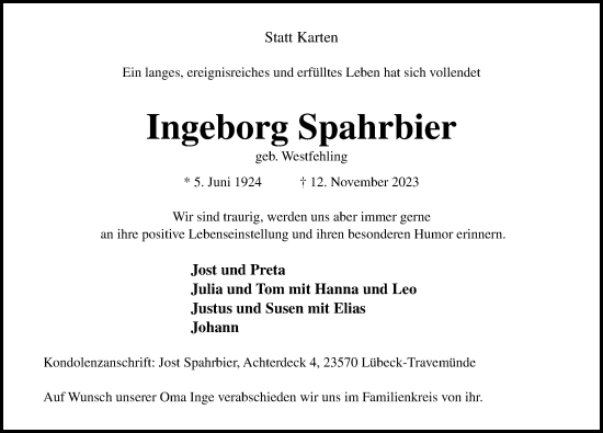 Traueranzeige von Ingeborg Spahrbier von Lübecker Nachrichten