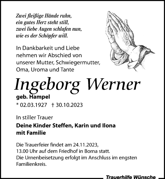 Traueranzeige von Ingeborg Werner von Leipziger Volkszeitung