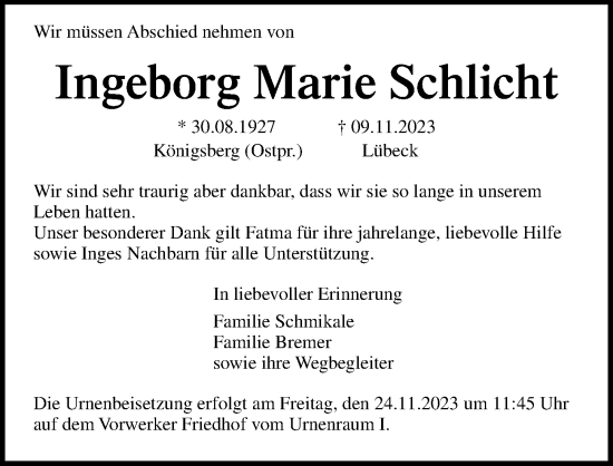 Traueranzeige von Ingeborg Marie Schlicht von Lübecker Nachrichten