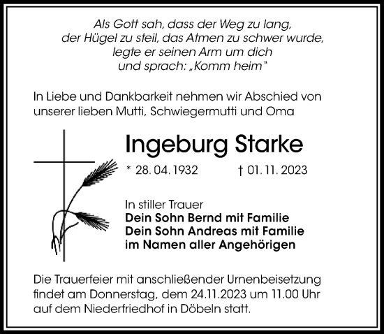 Traueranzeige von Ingeburg Starke von Leipziger Volkszeitung