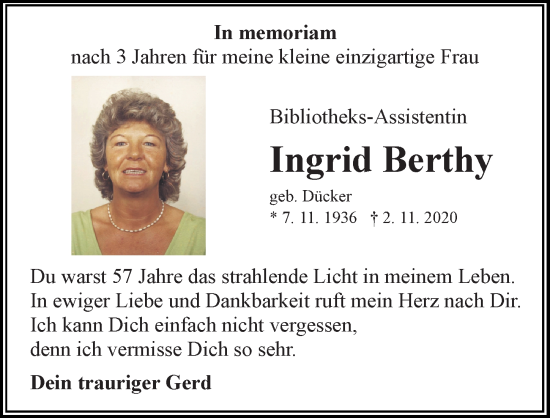 Traueranzeige von Ingrid  Berthy von Lübecker Nachrichten