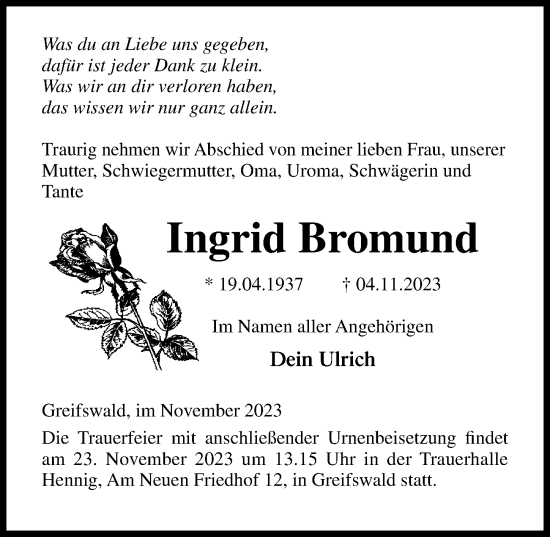 Traueranzeige von Ingrid Bromund von Ostsee-Zeitung GmbH