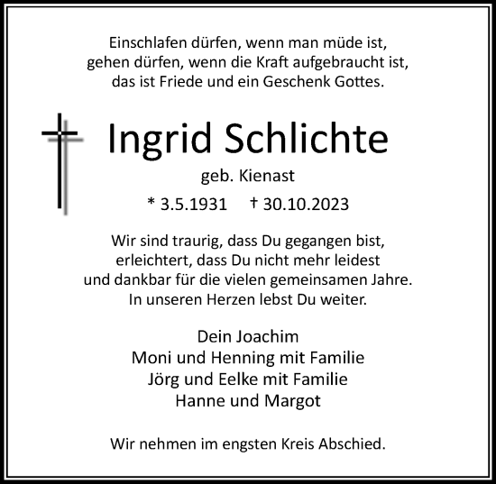 Traueranzeige von Ingrid Schlichte von Lübecker Nachrichten