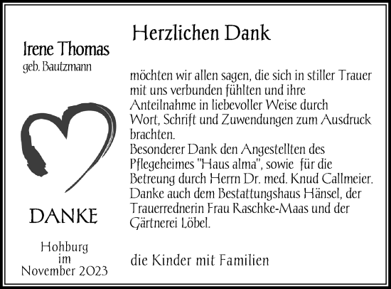 Traueranzeige von Irene Thomas von Leipziger Volkszeitung