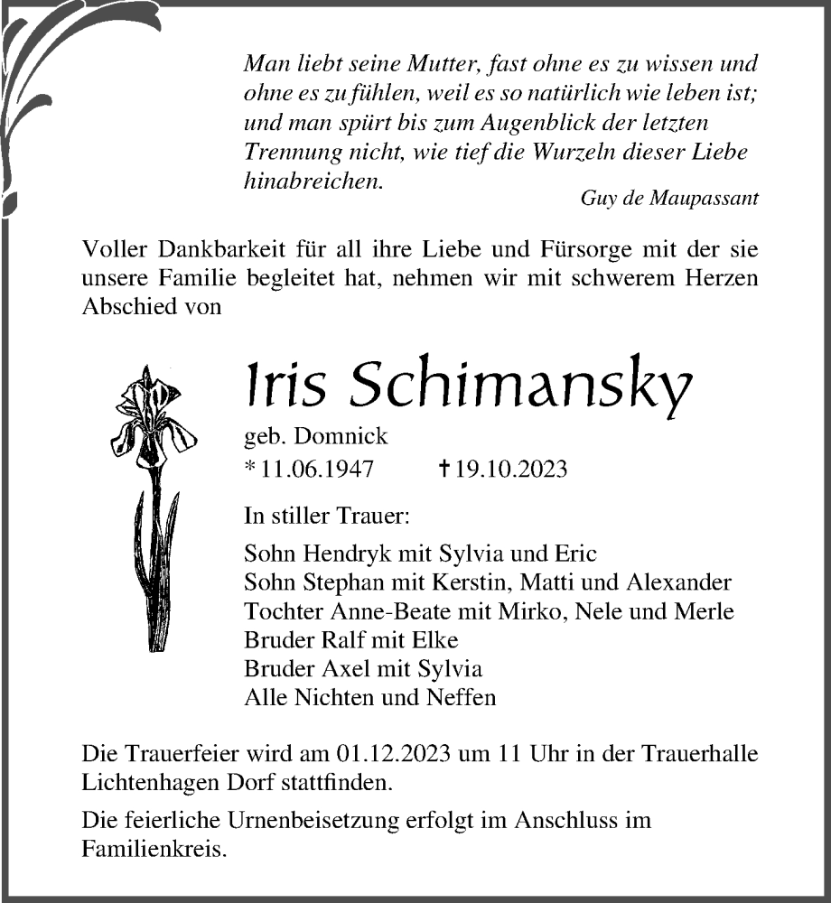 Traueranzeigen Von Iris Schimansky 