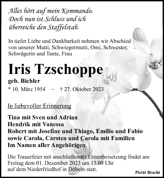Traueranzeige von Iris Tzschoppe von Leipziger Volkszeitung
