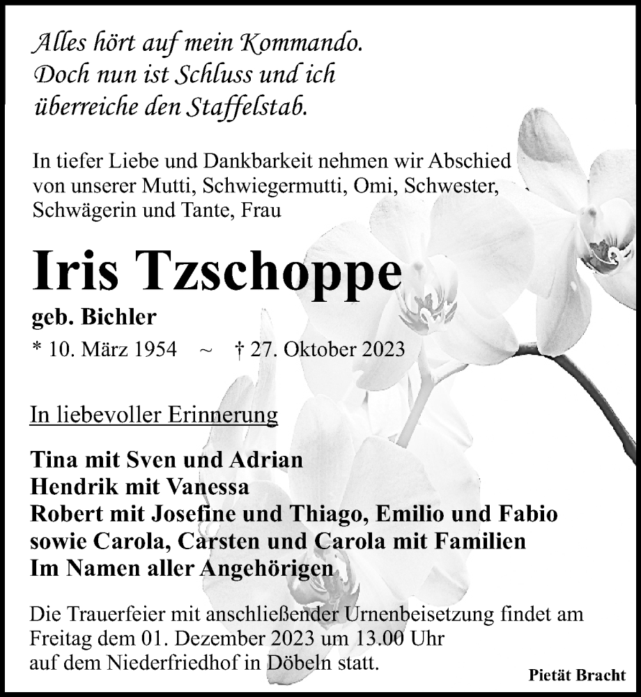  Traueranzeige für Iris Tzschoppe vom 11.11.2023 aus Leipziger Volkszeitung