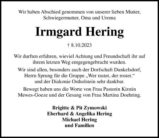 Traueranzeige von Irmgard Hering von Lübecker Nachrichten