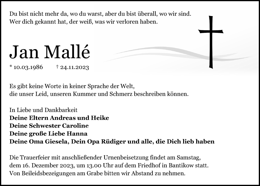  Traueranzeige für Jan Malle vom 30.11.2023 aus Märkischen Allgemeine Zeitung