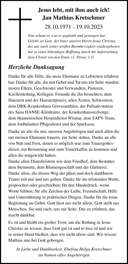 Traueranzeige von Jan Mathias Kretschmer von Ostsee-Zeitung GmbH