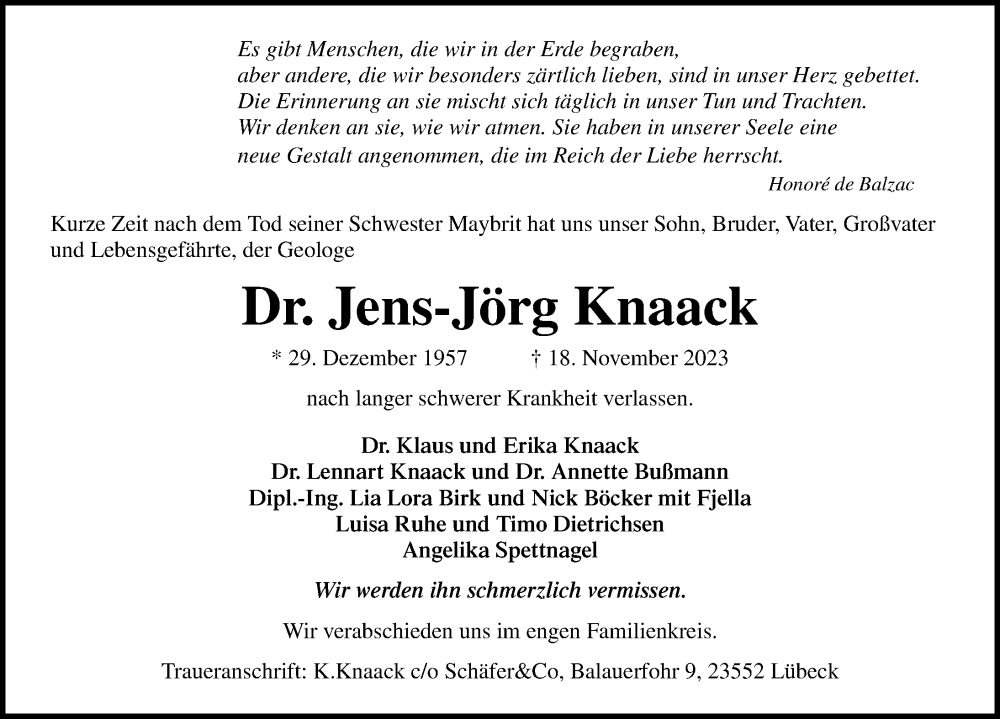  Traueranzeige für Jens-Jörg Knaack vom 26.11.2023 aus Lübecker Nachrichten