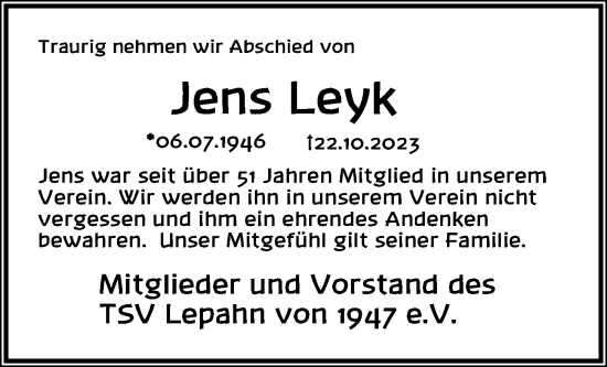 Traueranzeige von Jens Leyk von Kieler Nachrichten