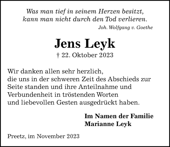 Traueranzeige von Jens Leyk von Kieler Nachrichten