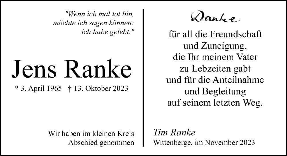  Traueranzeige für Jens Ranke vom 18.11.2023 aus Wochenspiegel